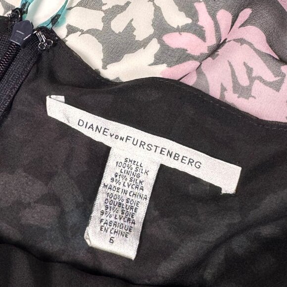 Diane von Furstenberg Floral Silk Dress Sz.6 Blue Brown Sort Sleeve Fairy Party - Picture 4 of 14